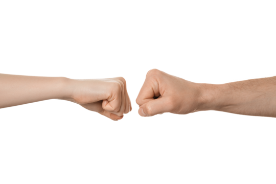 Man's and woman's fists near each other, about to fist bump. Fight, clash, conflict concept.