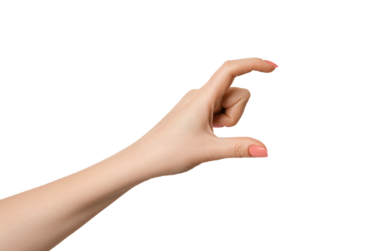Female hand as if holding something or showing size, isolate empty hands.