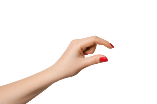 Female hand as if holding something or showing size, isolate empty hands.