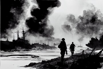 A black and white pen illustration of the Allied invasion of occupied France during Operation Overlord D-Day on the 6th of June 1944 in Normandy.
