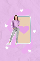 Vertical collage picture of cheerful mini girl indicate finger huge telephone screen drawing heart isolated on pink background