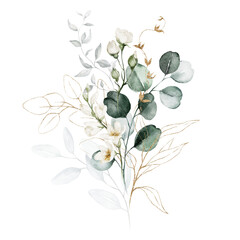 Watercolor floral illustration bouquet - green and gold leaf branches collection, for wedding stationary, greetings, wallpapers, fashion, background. Eucalyptus, olive, green leaves, etc.