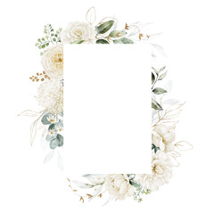 Watercolor floral illustration - white flowers, rose, peony, gold green leaves and branches wreath frame. Wedding stationary, greetings, wallpapers, fashion, background. Eucalyptus, olive.