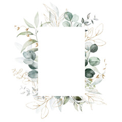 Watercolor floral illustration - gold leaves and branches wreath frame with geometric shape. Wedding stationary, greetings, wallpapers, fashion, background. Eucalyptus, olive, green leaves.