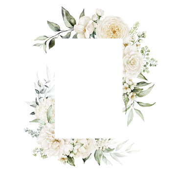 Fototapeta Watercolor floral illustration - white flowers, rose, peony, leaves and branches wreath frame. Wedding stationary, greetings, wallpapers, fashion, background. Eucalyptus, olive, green.