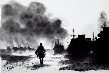 A black and white pen illustration of the Allied invasion of occupied France during Operation Overlord D-Day on the 6th of June 1944 in Normandy.
 - obrazy, fototapety, plakaty