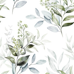 Seamless watercolor floral pattern - gold green leaves and branches composition on white background, perfect for wrappers, wallpapers, postcards, greeting cards, wedding invitations, romantic events.