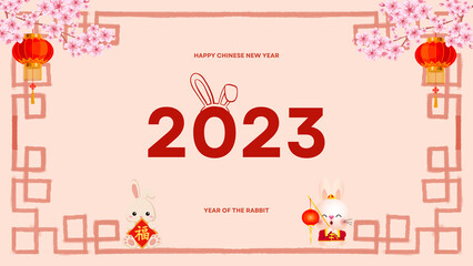 Naklejka premium Chinese New Year greetings with cute rabbits and pink background.