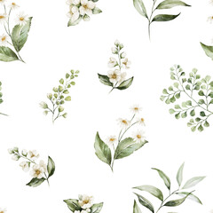 Seamless watercolor floral pattern - gold green leaves and branches composition on white background, perfect for wrappers, wallpapers, postcards, greeting cards, wedding invitations, romantic events.