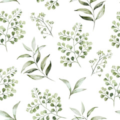 Seamless watercolor floral pattern - gold green leaves and branches composition on white background, perfect for wrappers, wallpapers, postcards, greeting cards, wedding invitations, romantic events.