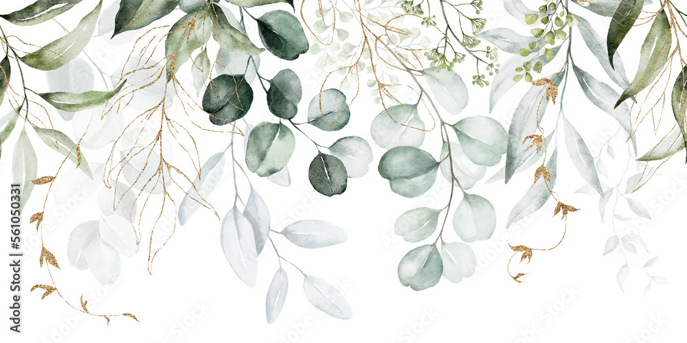 Wall mural watercolor seamless border - illustration with green gold leaves and branches, for wedding stationar