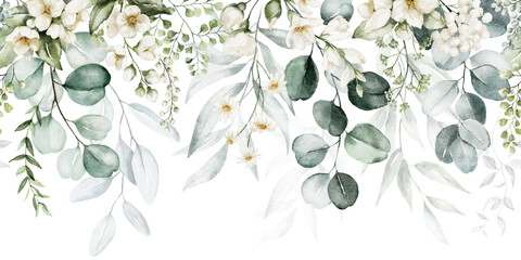 Watercolor seamless border - illustration with green gold leaves, white flowers, rose, peony and branches, for wedding stationary, greetings, wallpapers, fashion, backgrounds, wrappers, cards. - obrazy, fototapety, plakaty