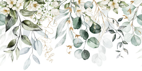 Watercolor seamless border - illustration with green gold leaves and branches, for wedding stationary, greetings, wallpapers, fashion, backgrounds, textures, DIY, wrappers, cards.