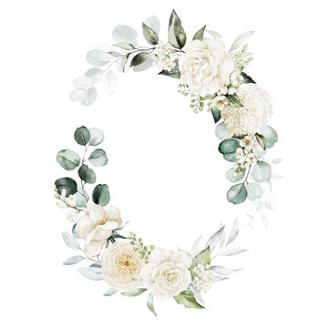 Watercolor floral wreath, frame with green leaves, white roses, peony, flowers and branches, for wedding stationary, greetings, wallpapers, fashion, background. Eucalyptus, olive, green leaves.