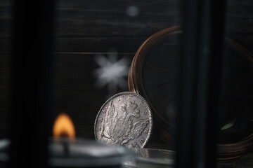 Numismatics. Old collectible coins on the table. Close-up