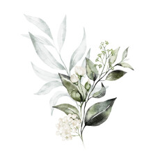 Watercolor floral illustration bouquet - white flowers, rose, peony, green leaf branches collection. Wedding stationary, greetings, wallpapers, fashion, background. Eucalyptus, olive, leaves.