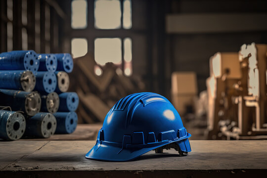 A blue safety helmet or hardhat, construction worker PPE, is placed in the factory workplace. Safety PPE object. Generative Ai image.	
