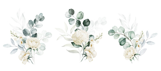 Watercolor floral illustration set - white flowers, green leaf branches collection, for wedding stationary, greetings, wallpapers, fashion, background. Eucalyptus, olive, leaves, chamomile.