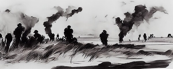 A black and white pen illustration of the Allied invasion of occupied France during Operation Overlord D-Day on the 6th of June 1944 in Normandy.
