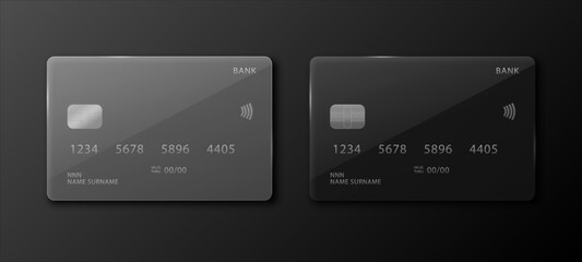 Credit card layouts on a black background. A set of two realistic bank cards. Vector illustration.