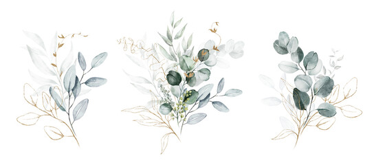 Watercolor floral illustration set - green gold leaf branches collection, for wedding stationary, greetings, wallpapers, fashion, background. Eucalyptus, olive, leaves.