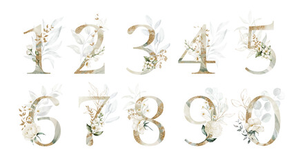 Gold Glitter Floral Number Set - digits 1, 2, 3, 4, 5, 6, 7, 8, 9, 0 white green gold botanic flower branch bouquets. Rose, peony, chamomile, eucalyptus. Wedding invitations, baby shower, birthday.