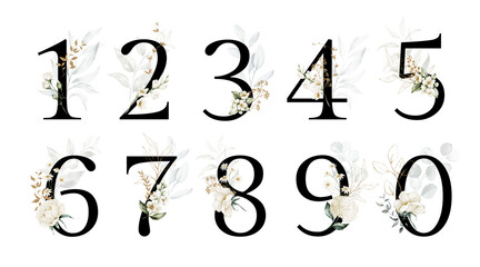 Black Dark Floral Number Set - digits 1, 2, 3, 4, 5, 6, 7, 8, 9, 0 white green gold botanic flower branch bouquets. Rose, peony, chamomile, eucalyptus. Wedding invitations, baby shower, birthday.
