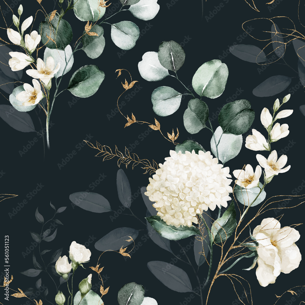 Wall mural Seamless watercolor floral pattern - white flowers, chamomile, gold leaves, green branches composition on black background. Wrappers, wallpapers, postcards, greeting cards, wedding invitations, poster - Wall murals