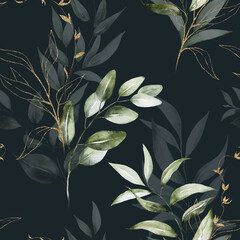 Seamless watercolor floral pattern - eucalyptus, leaves, green gold branches composition on black background. Wrappers, wallpapers, postcards, greeting cards, wedding invitations, prints, posters.