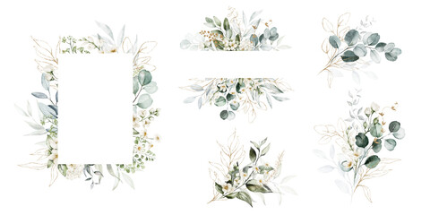 Watercolor floral illustration set - bouquets, frame, border. White flowers, rose, peony, gold green leaf branches collection. Wedding invites, wallpapers, fashion. Eucalyptus olive  leaves chamomile. - obrazy, fototapety, plakaty