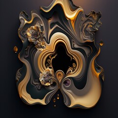 3d wallpaper for wall frames fractal flowers golden and black liquid marble background. Resin geode and abstract art, functional art, like geode painting. 
