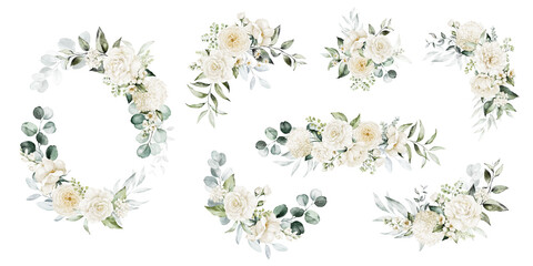 Watercolor floral illustration set - bouquets and wreath. White flowers, rose, peony, green leaf branches collection. Wedding invites, wallpapers, fashion. Eucalyptus olive  leaves chamomile. - 561051186