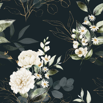 Seamless watercolor floral pattern - white flowers, chamomile, gold leaves, green branches composition on black background. Wrappers, wallpapers, postcards, greeting cards, wedding invitations, poster