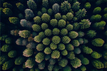 From above Scandinavian nature top down drone landscape soaring above coniferous woodland trees.. Generative AI