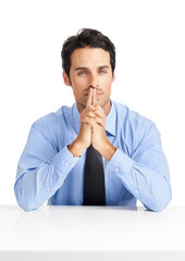 Thinking, portrait and businessman in studio planning strategy, goal and vision isolated on white background. Man and business owner with ambition, mindset and an expert consultant in management