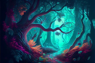 Fototapeta na wymiar Leaves of trees in a magical fantasy forest. Generative AI