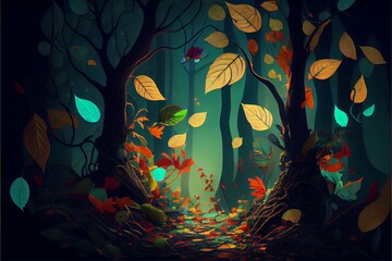 Obraz premium Leaves of trees in a magical fantasy forest. Generative AI