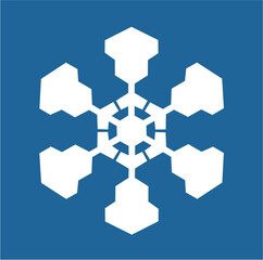 White hexagonal snowflake on a blue background. A unique author's snowflake to decorate the winter holidays. Vector image of a Christmas symbol.