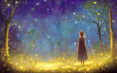 Girl standing in middle of magic night forest with sky background and stars above her head
