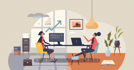 Hybrid work mode with split time for office and working from home tiny person concept. Switch location for job tasks as flexible lifestyle and business approach vector illustration. Distant workplace. - obrazy, fototapety, plakaty