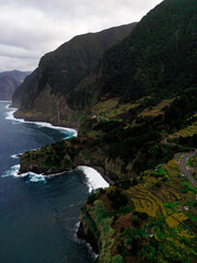 Fototapeta na wymiar Waterfall into sea | Drone | Madeira, Portugal