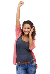 Portrait, music and woman with headphones in studio isolated on a white background mock up. Face, dance and happy female with headset streaming, listening or enjoying podcast, radio or audio song.