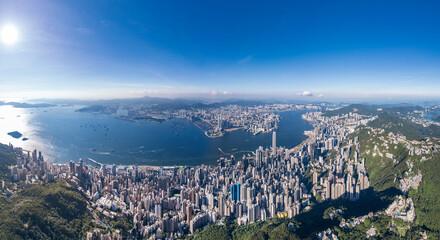 epic panorama of the Victoria Harbour and commercial area of Hong Kong