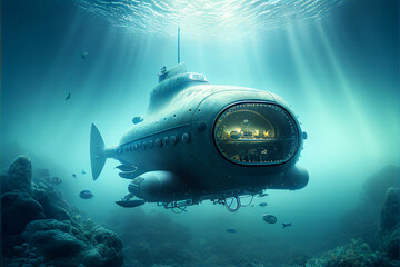 Scientific bathyscaphe underwater. AI generated