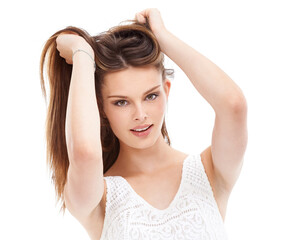 Fototapeta premium Brunette beauty model, fashion hairstyle or portrait on isolated white background in keratin treatment or self care. Happy woman, face or brown hair color on advertising mock up for gen z dye brand