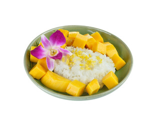 Thai style tropical dessert, sticky rice eat with mangoes on transparent png