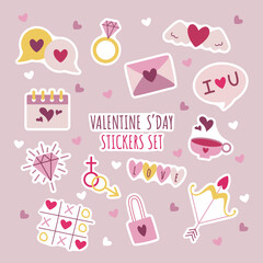 Hand-drawn icons stickers for valentine's day. Set of cute vector love stickers for daily planner and diary. Collection of scrapbooking design elements for valentines day