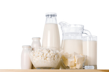 Glass of milk and dairy products on desk