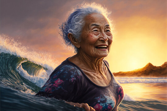 Generative Ai Grey Hair Mature Black Woman Wearing Swimsuit Smiling Happy Outdoors Sea Bathing