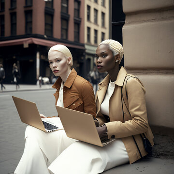 Generative ai diverse fashionable women coworker outdoors using computer together